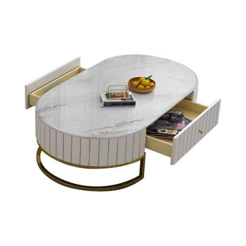 47.6" Modern Oval Faux Marble Top Coffee Table with 2 Drawers Gold Metal Base in White-Coffee Tables,Furniture,Living Room Furniture